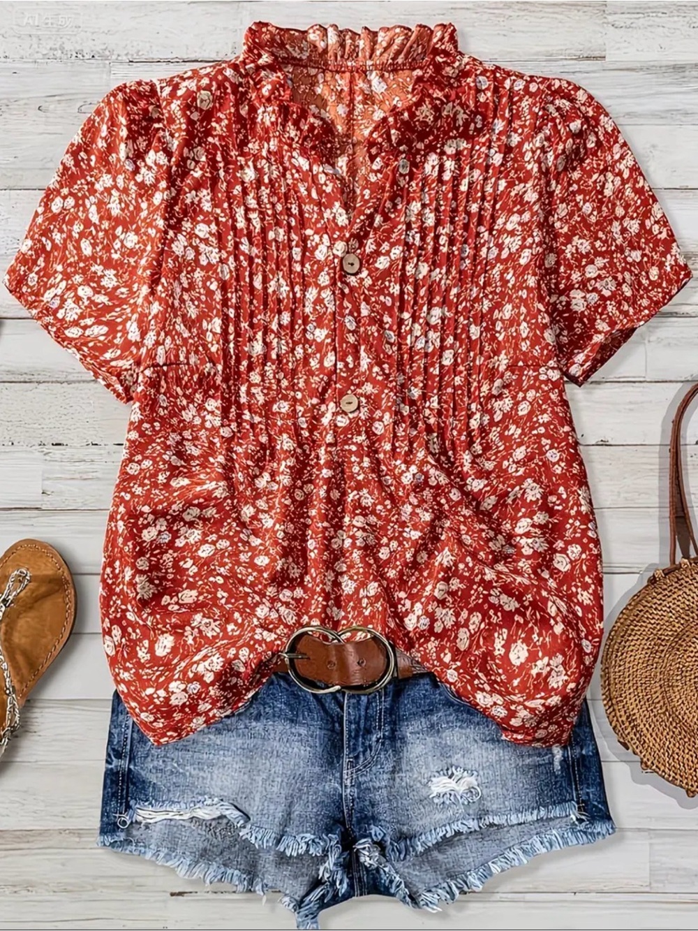 Rust Floral Pintuck Short Sleeve Blouse - Women's Rust Floral Top